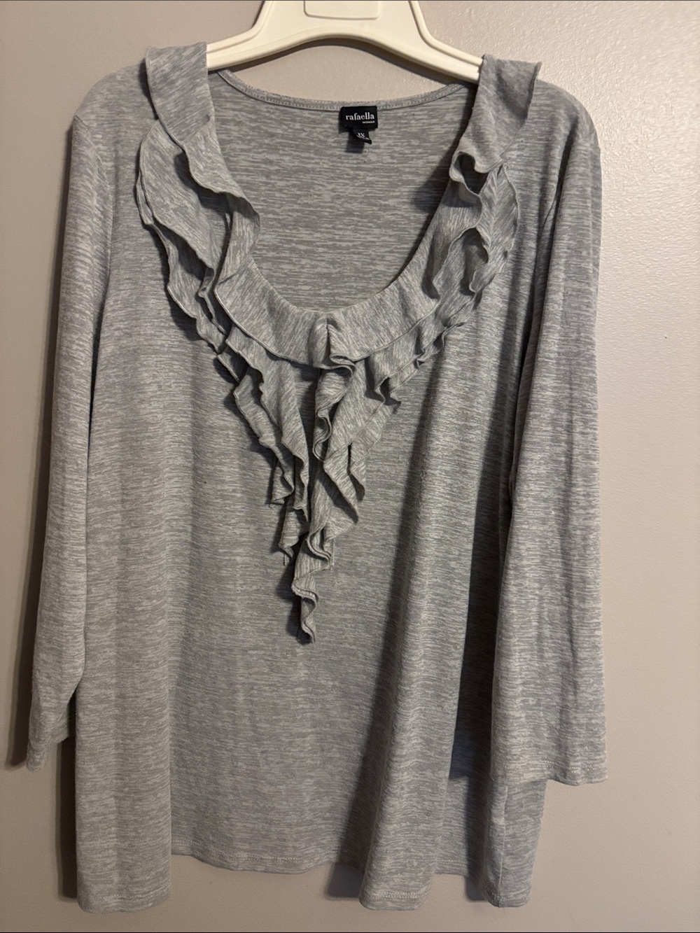 Rafaella Light Gray Long-Sleeve Ruffle V-Neck Top